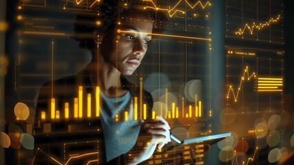 Data Analysis in the Digital Age: A focused female data analyst examines a tablet displaying intricate charts and graphs, illuminated by a futuristic digital interface. - Powered by Adobe