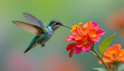 Fototapeta premium Hummingbird feeding on nectar from vibrant orange and pink flowers in soft focus