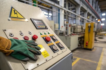 Ensuring safety in the workplace industrial control panel with emergency stop button manufacturing facility safety equipment occupational safety electrical environment focus on preventative measures