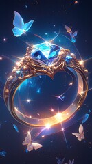 Elegant Ring with a Large Blue Gemstone Surrounded by Glittering Butterflies