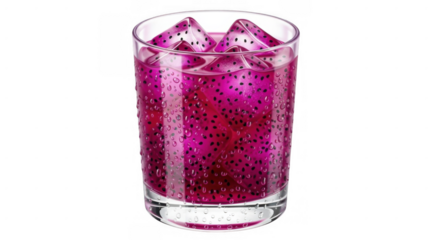 Vibrant purple drink with ice cubes in a clear glass.
