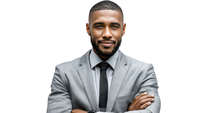 Confident Business Portrait: A distinguished businessman, radiates confidence, gazing directly at the viewer with a determined expression. Clad in a stylish suit and tie.