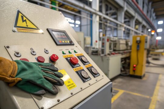 Ensuring safety in the workplace industrial control panel with emergency stop button manufacturing facility safety equipment occupational safety electrical environment focus on preventative measures