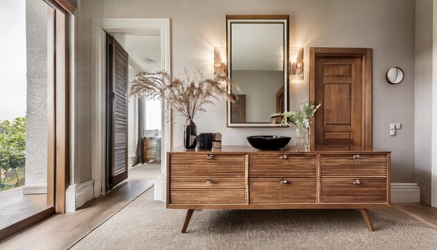 luxury hallway interior with wooden console table