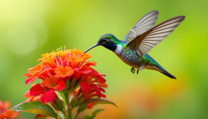 Vibrant hummingbird with iridescent green plumage hovers near a cluster of bright orange and red flowers