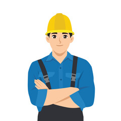 Male builder wearing a yellow hard hat, blue shirt, and crossed arms. Flat Vector character illustration