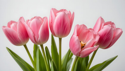 Fototapeta premium A bouquet of delicate pink tulips with green leaves against a neutral background