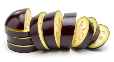 This image displays freshly sliced eggplant, with its deep purple skin and soft, light-colored interior. The perfectly cut slices showcase the smooth texture and versatility of eggplant, which can be 