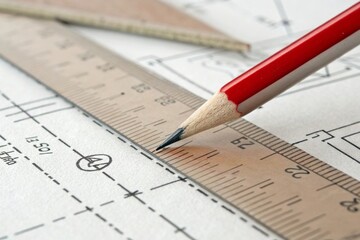 Pencil marking red line across technical drawing on ruler with detailed paper texture in studio environment