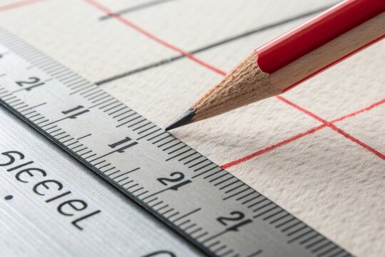 Precision marking with a red pencil on a technical drawing ruler against high-detailed paper texture macro close-up photography