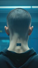 Person with a shaved head and a small rectangular device attached to the back of their neck, viewed from behind.