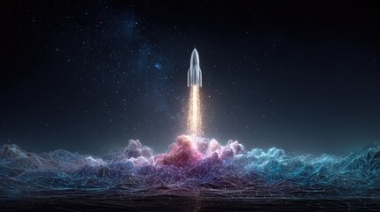 Rocket Launch Into Night Sky With Glowing Clouds