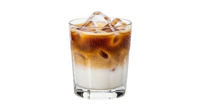 Refreshing iced latte coffee beverage with milk and ice cubes.