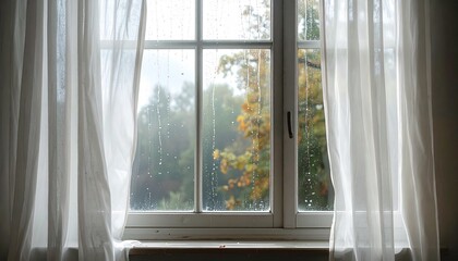 Cozy View of a Rainy Autumn Day from a Window Inside a Home