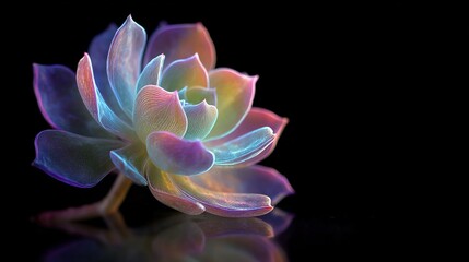 Fototapeta premium A single glowing succulent plant in a dark lab, its leaves emitting soft multicolored bioluminescence.