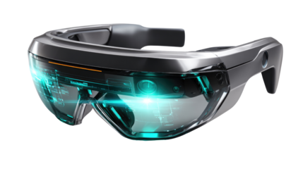 Futuristic Augmented Reality Glasses: A close-up of sleek, futuristic augmented reality glasses. These glasses are designed to merge the digital and physical worlds.