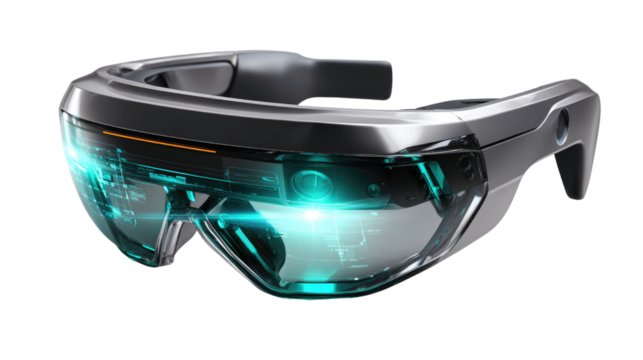 Futuristic Augmented Reality Glasses: A close-up of sleek, futuristic augmented reality glasses. These glasses are designed to merge the digital and physical worlds.