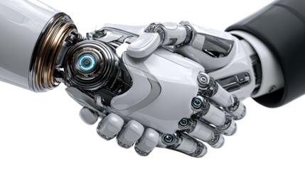 Human and Robot Partnership: A striking handshake symbolizes the collaborative spirit of technology and humanity, offering a glimpse into a future of innovation and teamwork. 