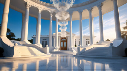 Fototapeta premium Grand white mansion with columns and chandeliers under a bright blue sky on a sunny day outside