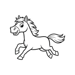 Cute cartoon horse running happily with flowing mane and tail line art illustration vector