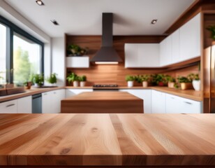 beautiful wooden kitchen countertop with blurred modern interior background for product photography