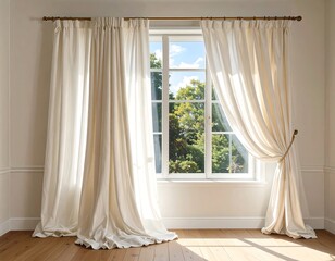 Cream-colored curtains cascade gracefully over a bright window, illuminating a room with natural light.