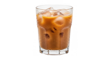 Refreshing iced Thai tea in a clear glass with ice cubes.