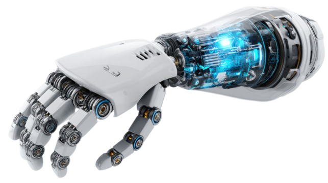 Robotic Arm with High-Tech Elements: A cutting-edge robotic arm, showcasing intricate mechanisms and futuristic design, hints at the potential of robotics and technological advancement.