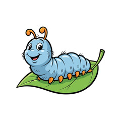 Cute cartoon caterpillar smiling on green leaf playful insect character illustration vector
