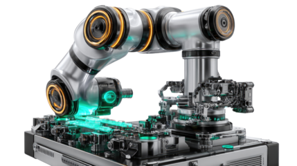 Industrial Precision: High-tech robotic arm showcasing intricate engineering, demonstrating automation prowess in a modern factory environment.