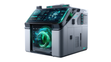 Futuristic Lab Equipment: A sleek, modern piece of laboratory equipment stands out. Intricate displays and neon highlights bring cutting-edge technology to life, ready for scientific investigation. 