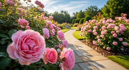 Beautiful Pink Rose Garden Path.