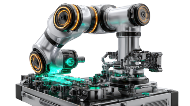 Industrial Precision: High-tech robotic arm showcasing intricate engineering, demonstrating automation prowess in a modern factory environment.