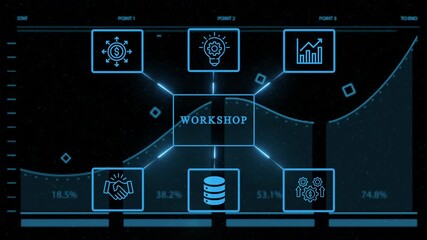Futuristic workshop concept with glowing neon icons representing business strategy, data analysis, collaboration, and financial growth on a dark background - Powered by Adobe