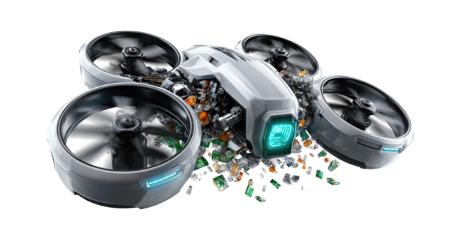 Futuristic Drone Technology: A cutting-edge drone with a sleek design showcases advanced technological capabilities, highlighting innovation and aerial capabilities.