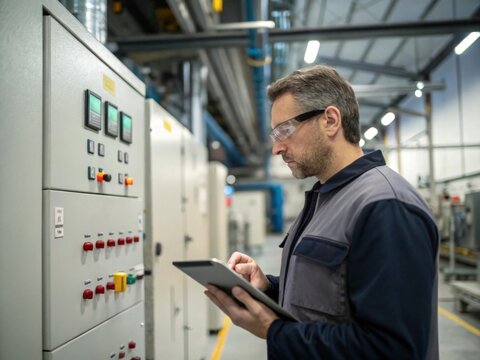 Electrical engineer inspecting control panel with digital tablet indoors in industrial environment medium shot for enhanced operational insights
