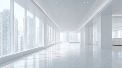 Bright Empty Office Space with Large Windows and City View, Modern Corporate Interior Design