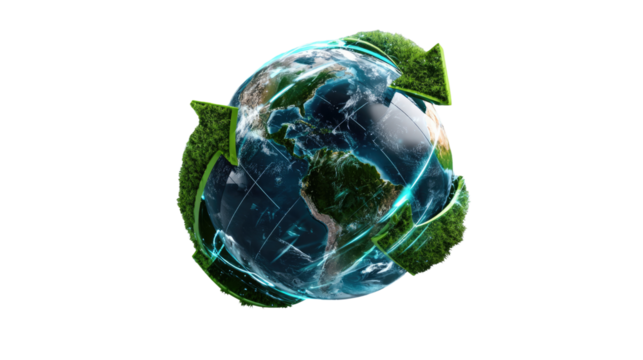 Planet Earth Embracing Renewal: A captivating visual portraying planet Earth encircled by vibrant green arrows.