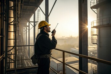 Fototapeta premium Engineer in yellow helmet communicating via walkie-talkie on scaffolding platform in industrial setting at dramatic sunrise medium long shot photorealistic