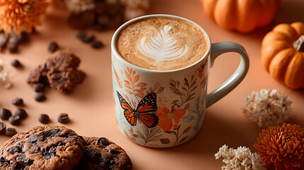 Coffee mug with pumpkin pattern latte art surrounded by cookies, butterfly fill light bright mood, top-down symmetry shot, complementary warm beige and deep orange palette, 