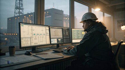 Engineer analyzing cad diagrams in control room multiple monitors displaying designs industrial environment over-the-shoulder view