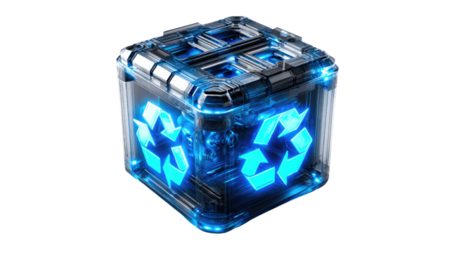 Recycle Icon in the Box: An illuminated recycle symbol encased within a futuristic cube, showcasing the intersection of technology and environmental responsibility.