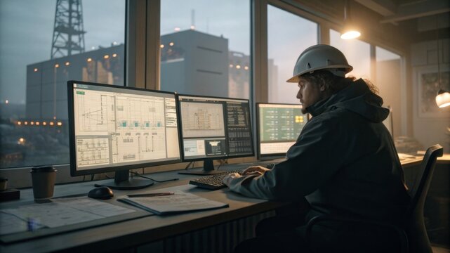 Engineer analyzing cad diagrams in control room multiple monitors displaying designs industrial environment over-the-shoulder view