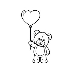 Cute teddy bear holding heart balloon simple line art illustration for kids and celebrations vector