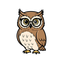 Cute cartoon owl wearing glasses perched and looking forward illustration vector
