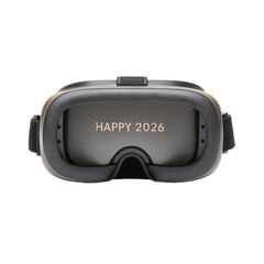 Fototapeta premium Virtual reality headset with happy 2026 text on transparent lens and transparency background modern technology celebration concept