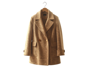 PNG, hyper-realistic 8K, elegant double-breasted wool coat hanging on a wooden hanger 226484