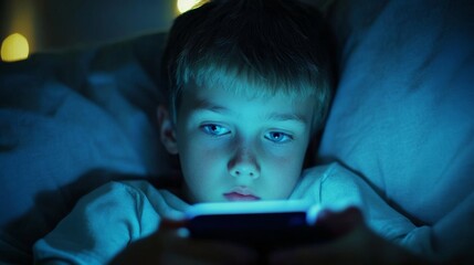 Boy lying in bed at night using smartphone addiction