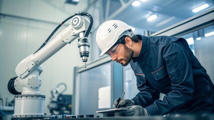 Industrial engineer inspecting robotic arm on factory floor medium shot with clean industrial background and soft studio highlights for quality control