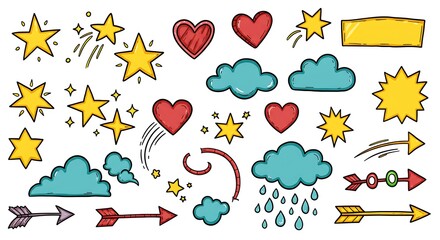 Obraz premium Hand-drawn Doodle Collection: Stars, Hearts, Clouds, Arrows, and More